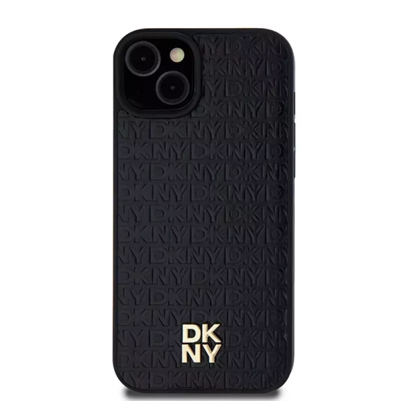 DKNY DKHMP15MPSHRPSK pevné puzdro pre iPhone 15 Plus / 14 Plus 6,7 inch čierna koža monogramový vzor kovové logo MagSafe