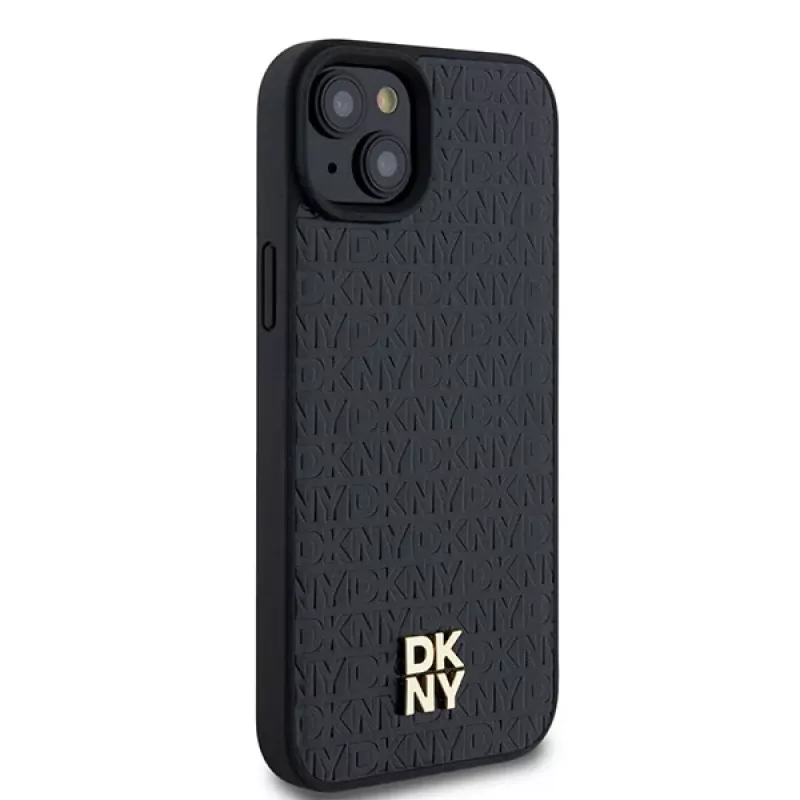 DKNY DKHMP15MPSHRPSK pevné puzdro pre iPhone 15 Plus / 14 Plus 6,7 inch čierna koža monogramový vzor kovové logo MagSafe