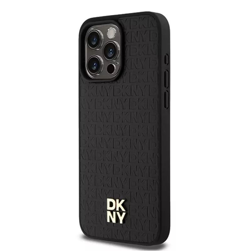 DKNY DKHMP15XPSHRPSK pevné puzdro pre iPhone 15 Pro Max 6,7 inch čierna koža monogramový vzor kovové logo MagSafe