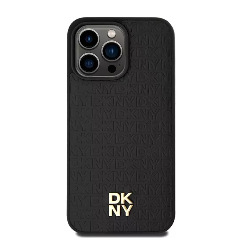 DKNY DKHMP15XPSHRPSK pevné puzdro pre iPhone 15 Pro Max 6,7 inch čierna koža monogramový vzor kovové logo MagSafe