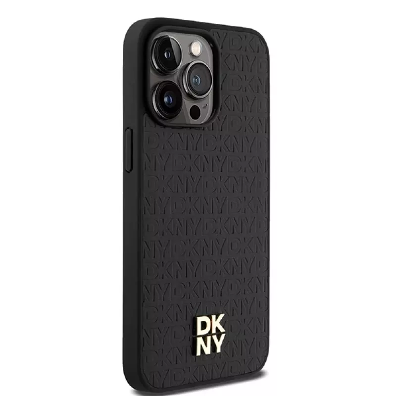 DKNY DKHMP15XPSHRPSK pevné puzdro pre iPhone 15 Pro Max 6,7 inch čierna koža monogramový vzor kovové logo MagSafe