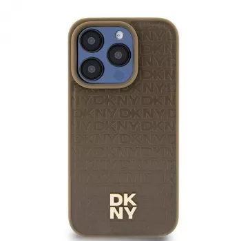 DKNY DKHMP14SPSHRPSW pevné puzdro pre iPhone 14/15/13 hnedá kožený dizajn s kovovým logom MagSafe