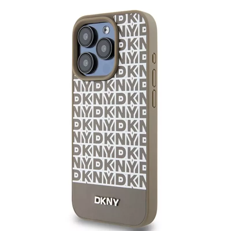 DKNY DKHMP15LPSOSPW pevné puzdro pre iPhone 15 Pro 6,1 inch koža potlačený vzor hnedá s kovovým logom MagSafe