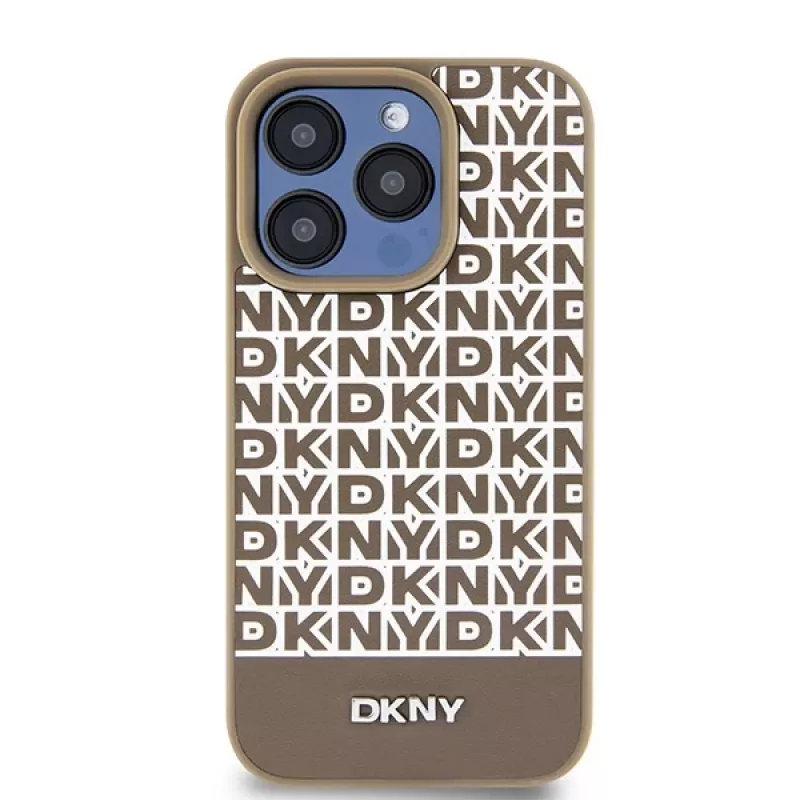 DKNY DKHMP15LPSOSPW pevné puzdro pre iPhone 15 Pro 6,1 inch koža potlačený vzor hnedá s kovovým logom MagSafe