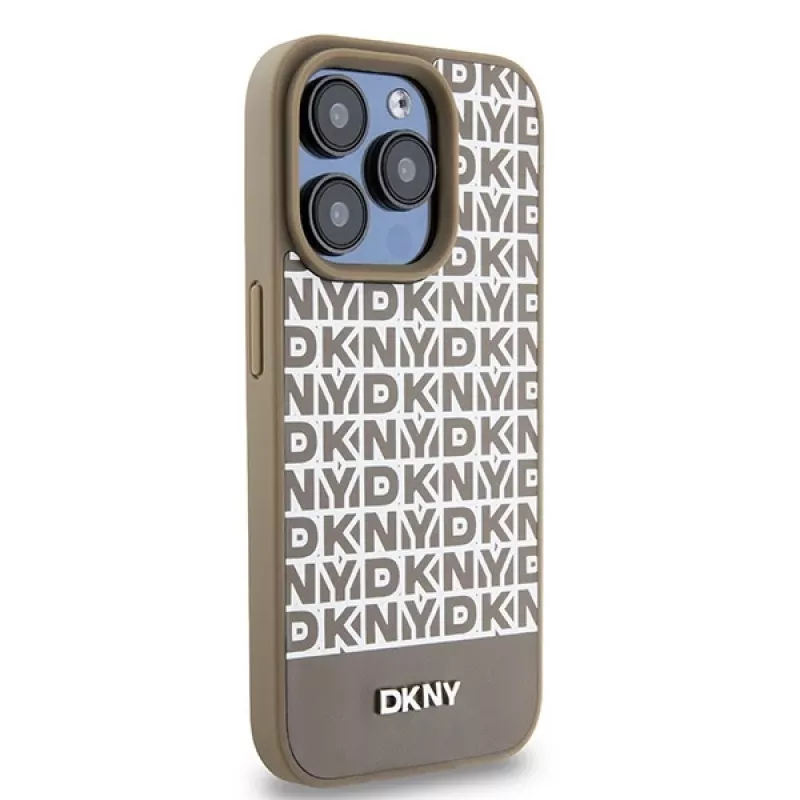 DKNY DKHMP15LPSOSPW pevné puzdro pre iPhone 15 Pro 6,1 inch koža potlačený vzor hnedá s kovovým logom MagSafe