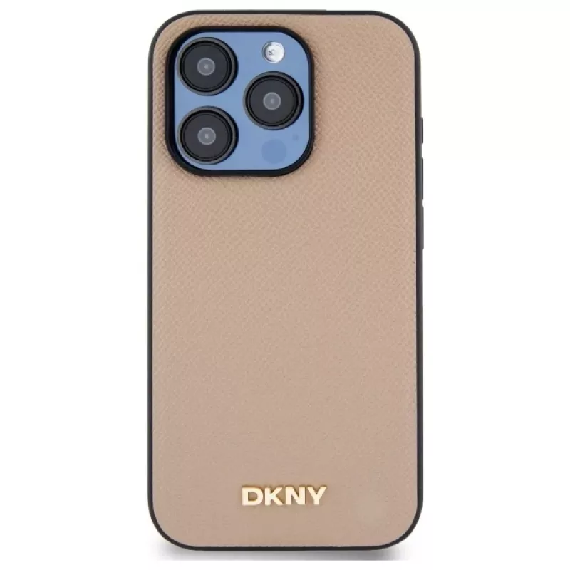 DKNY DKHMP15XPGHLME pevné puzdro pre Apple iPhone 15 Pro Max 6,7 inch béžová zrnitá kovové logo MagSafe