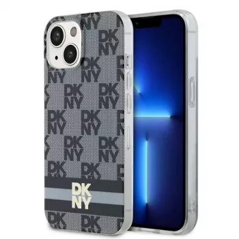 DKNY DKHMP14SHCPTSK pevné puzdro pre iPhone 14/15, károvaný mono vzor & potlačené pruhy, čierne, MagSafe
