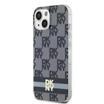 DKNY DKHMP14SHCPTSK pevné puzdro pre iPhone 14/15, károvaný mono vzor & potlačené pruhy, čierne, MagSafe