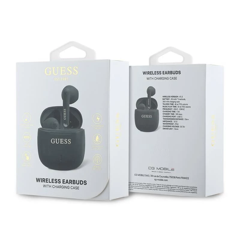 Guess GUTWSJ14ESGKTWS True Wireless Bluetooth 5.3 in-ear slúchadlá s nabíjacím puzdrom, čierna, Classic Logo Print
