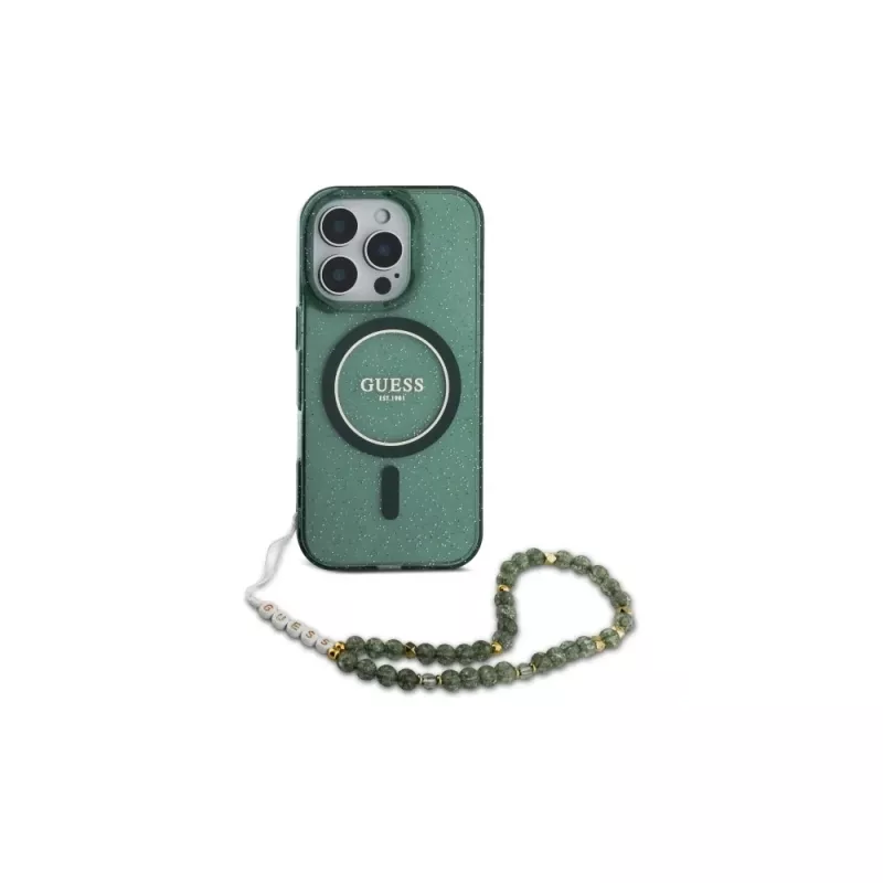 Guess IML Glitter With Pearl Strap puzdro MagSafe pre iPhone 16 Pro Max (zelená)