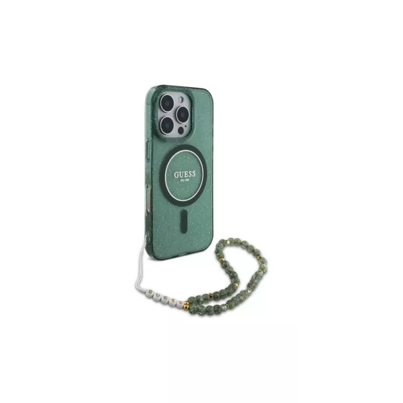 Guess IML Glitter With Pearl Strap puzdro MagSafe pre iPhone 16 Pro Max (zelená)