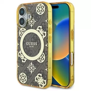 Guess GUHMP16SH4PYEEW pevné puzdro pre Apple iPhone 16 6,1 inch hnedá Peony On 4G Background MagSafe