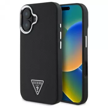 Guess Grained Triangle MagSafe pevné puzdro pre Apple iPhone 16 Plus – čierna