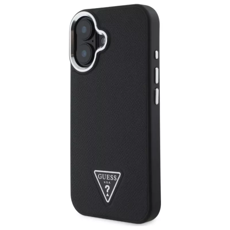 Guess Grained Triangle MagSafe pevné puzdro pre Apple iPhone 16 Plus – čierna