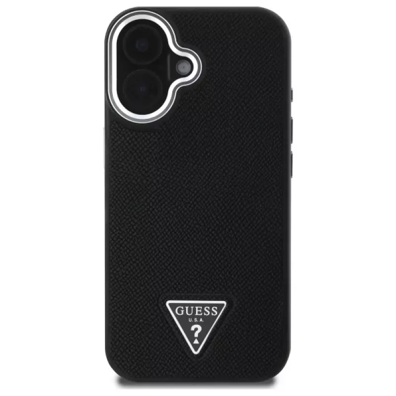 Guess Grained Triangle MagSafe pevné puzdro pre Apple iPhone 16 Plus – čierna