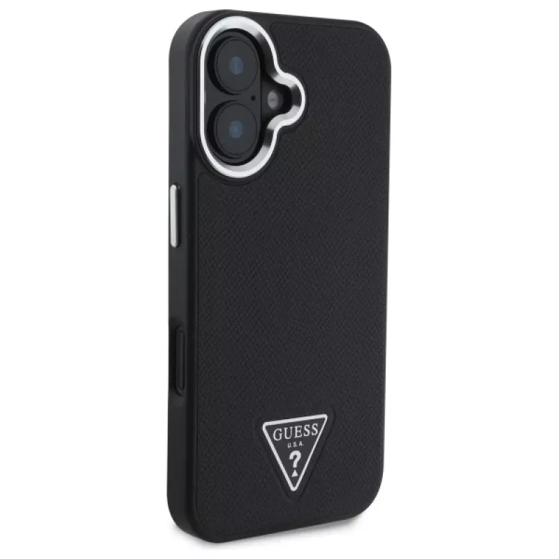 Guess Grained Triangle MagSafe pevné puzdro pre Apple iPhone 16 Plus – čierna