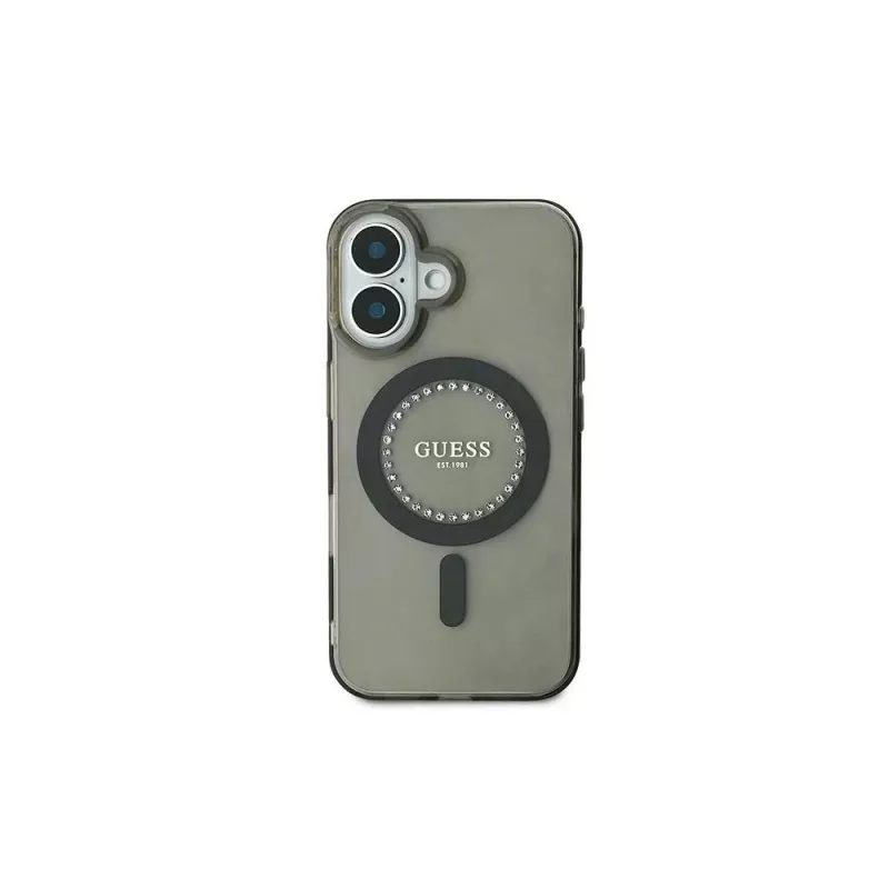 Guess IML Rhinestones MagSafe puzdro pre iPhone 16 (čierna)