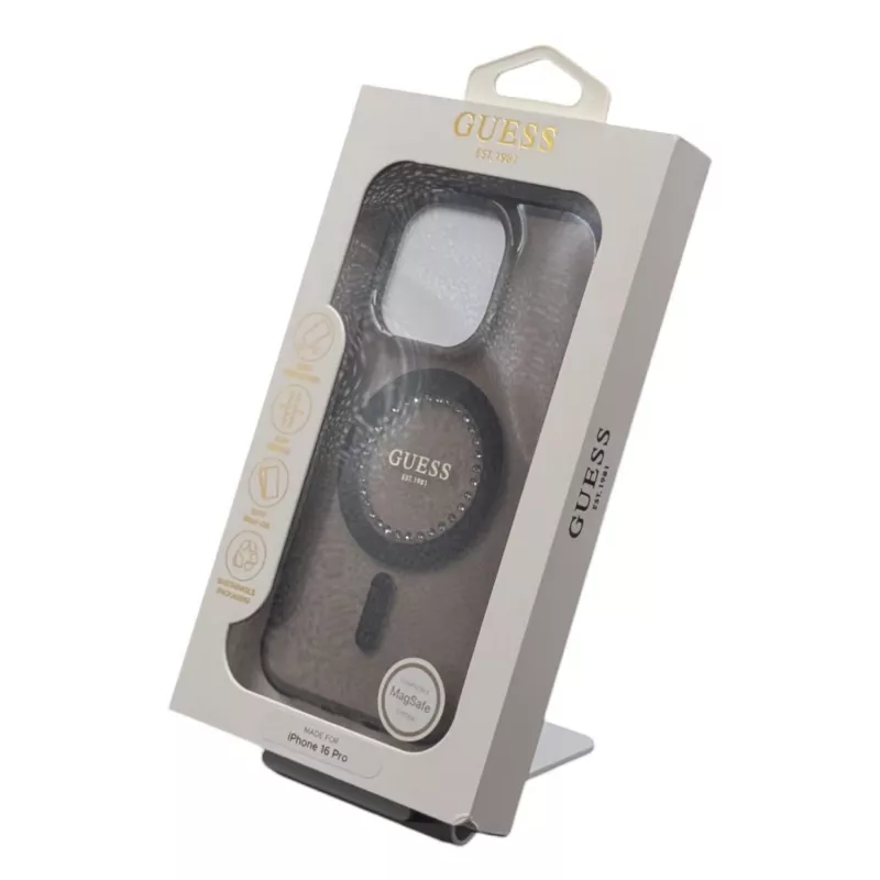 Guess GUHMP16LPFTDTEK pevné puzdro pre Apple iPhone 16 Pro 6,3 palca, čierna, IML kamienky, MagSafe