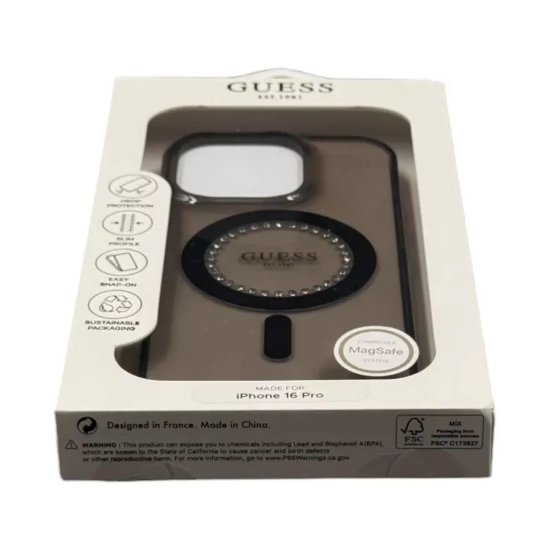 Guess GUHMP16LPFTDTEK pevné puzdro pre Apple iPhone 16 Pro 6,3 palca, čierna, IML kamienky, MagSafe