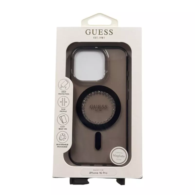 Guess GUHMP16LPFTDTEK pevné puzdro pre Apple iPhone 16 Pro 6,3 palca, čierna, IML kamienky, MagSafe