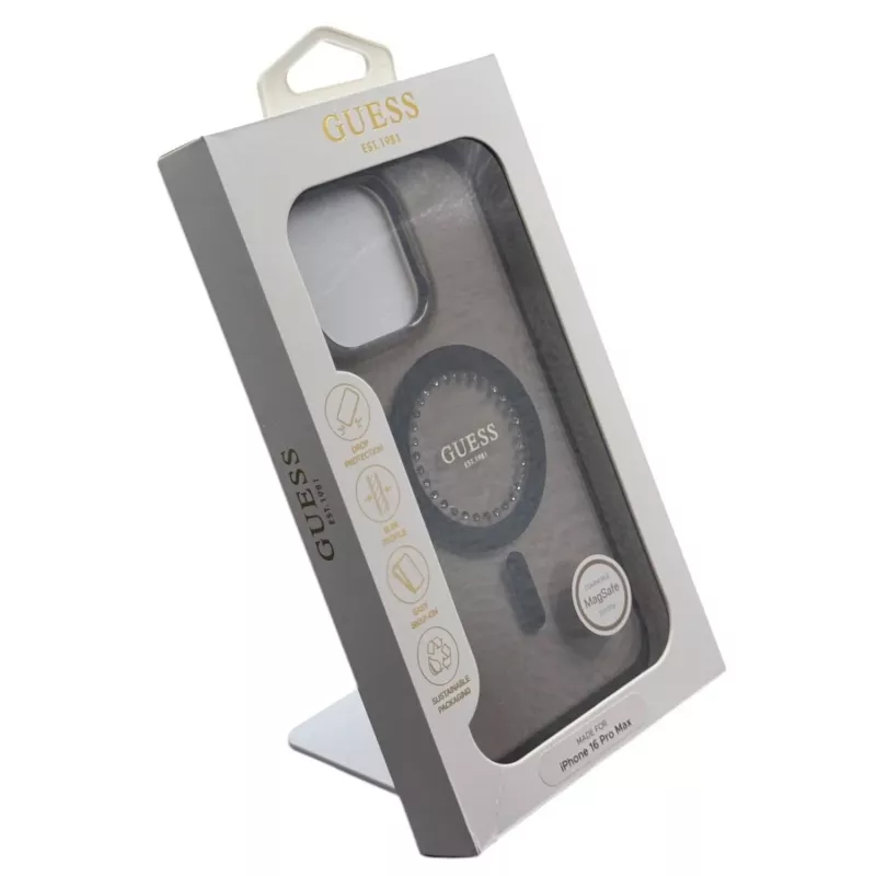 Guess IML Rhinestones MagSafe puzdro pre iPhone 16 Pro Max (čierna)