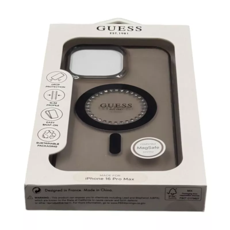 Guess IML Rhinestones MagSafe puzdro pre iPhone 16 Pro Max (čierna)