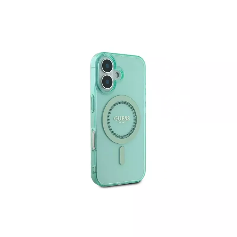 Guess IML Rhinestones MagSafe puzdro pre iPhone 16 Plus (zelená)