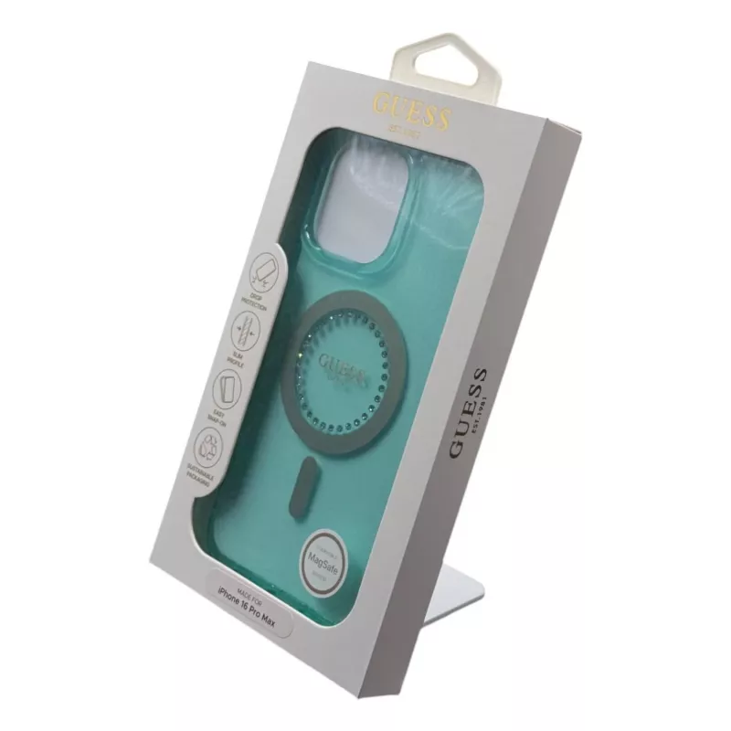 Guess IML Rhinestones MagSafe puzdro pre iPhone 16 Pro Max (zelená)