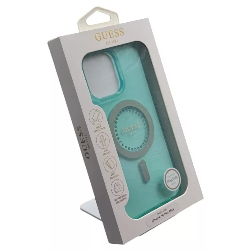 Guess IML Rhinestones MagSafe puzdro pre iPhone 16 Pro Max (zelená)