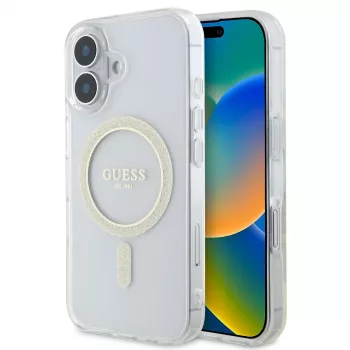 Guess GUHMP16SHFGERET iPhone 16 transparentné puzdro IML Glitter Circle MagSafe