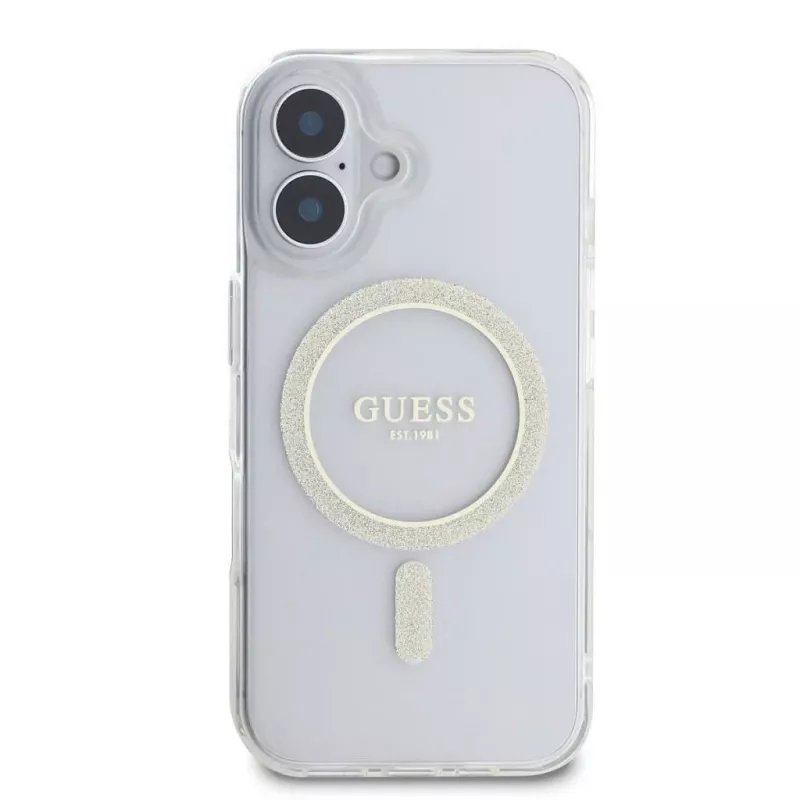 Guess GUHMP16SHFGERET iPhone 16 transparentné puzdro IML Glitter Circle MagSafe