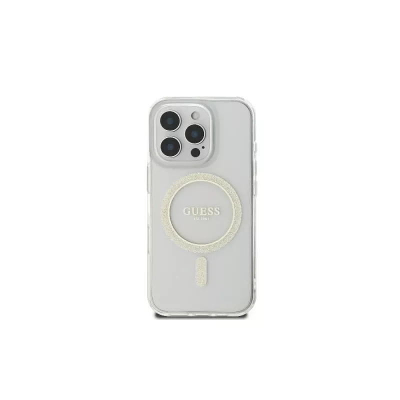 Guess GUHMP16LHFGERET iPhone 16 Pro 6,3 palca transparentné pevné puzdro IML Glitter Circle MagSafe