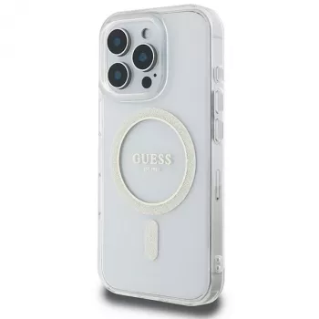 Guess Glitter Circle MagSafe pevné puzdro pre Apple iPhone 16 Pro Max (6,9 palca) – transparentné