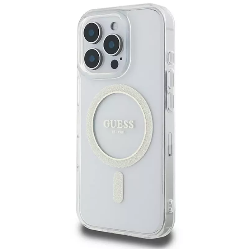 Guess Glitter Circle MagSafe pevné puzdro pre Apple iPhone 16 Pro Max (6,9 palca) – transparentné