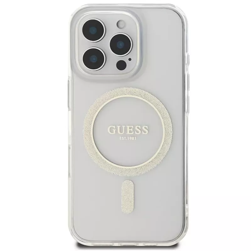 Guess Glitter Circle MagSafe pevné puzdro pre Apple iPhone 16 Pro Max (6,9 palca) – transparentné