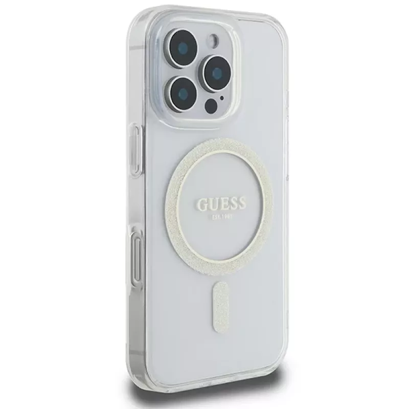 Guess Glitter Circle MagSafe pevné puzdro pre Apple iPhone 16 Pro Max (6,9 palca) – transparentné