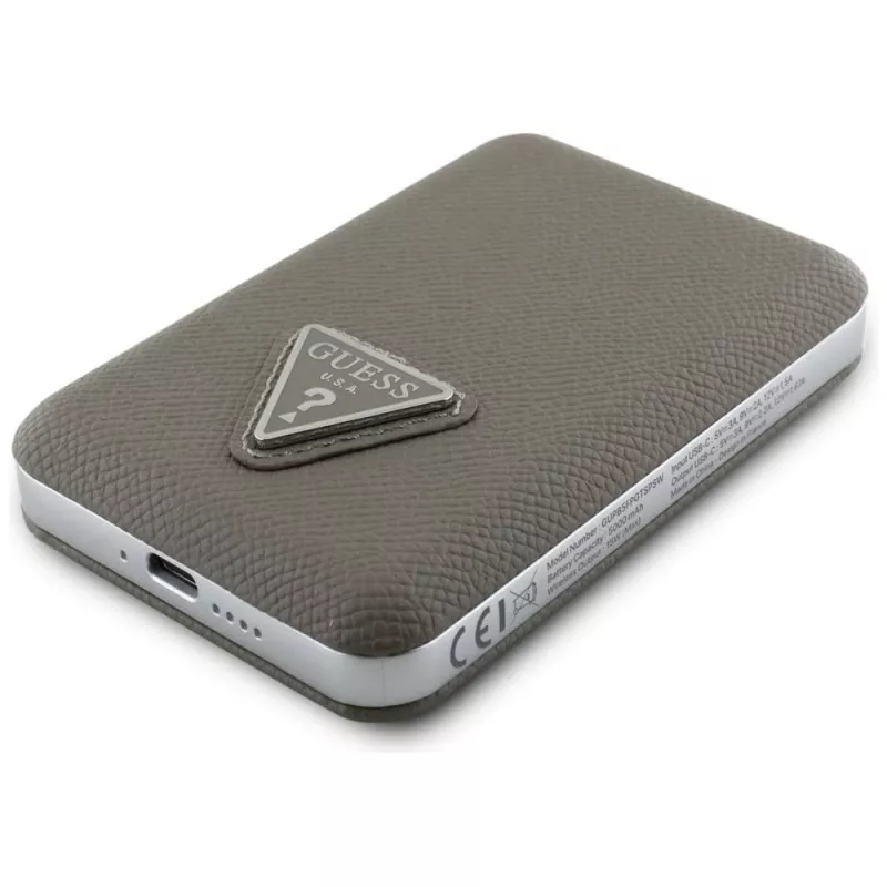 GUESS Grained Triangle bezdrôtová power banka 5000mAh 15W USB-C MagSafe hnedá