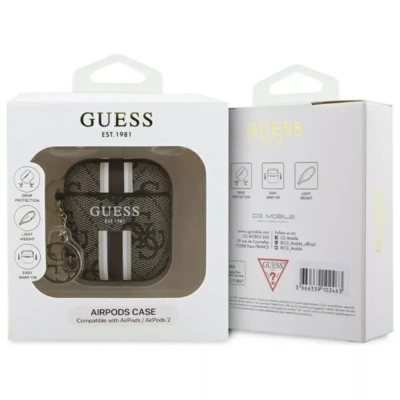 Guess GUA2P4RPSW puzdro na AirPods 1/2 hnedé 4G potlačené pruhy prívesok