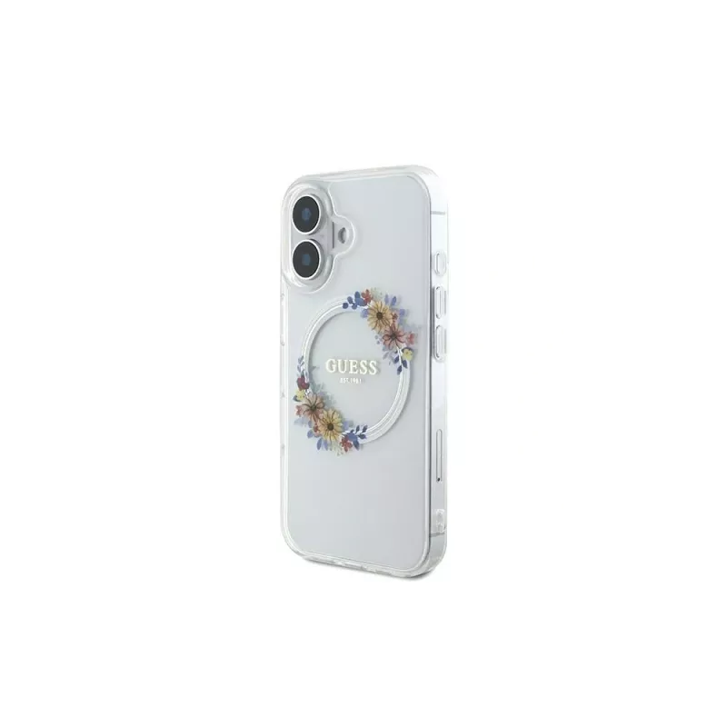 Guess GUHMP16MHFWFCT iPhone 16 Plus 6,7 inch priehľadné pevné puzdro IML Flowers Wreath MagSafe