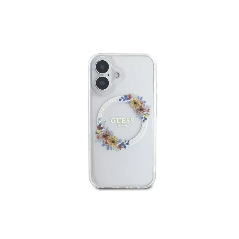 Guess GUHMP16MHFWFCT iPhone 16 Plus 6,7 inch priehľadné pevné puzdro IML Flowers Wreath MagSafe