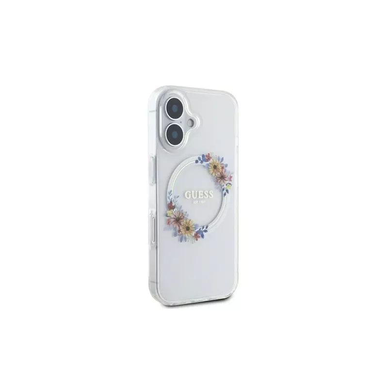 Guess GUHMP16MHFWFCT iPhone 16 Plus 6,7 inch priehľadné pevné puzdro IML Flowers Wreath MagSafe