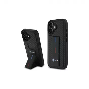 BMW BMHCP16SGSPCCK M Grip Stand Smooth a Carbon pevné puzdro pre iPhone 16 6,1 – čierna