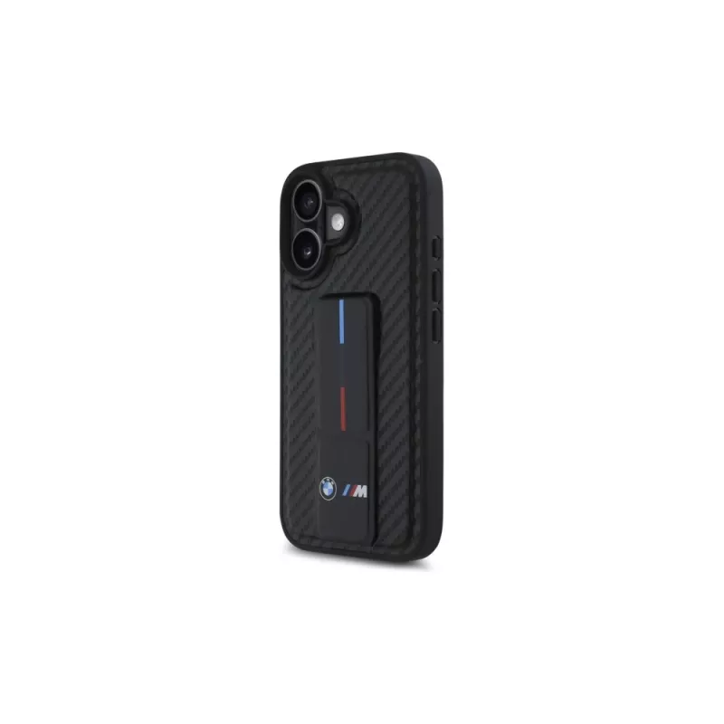 BMW BMHCP16SGSPCCK M Grip Stand Smooth a Carbon pevné puzdro pre iPhone 16 6,1 – čierna