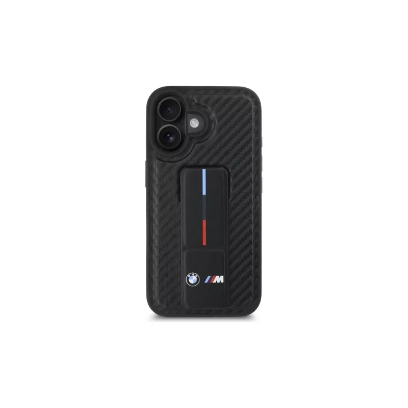 BMW BMHCP16SGSPCCK M Grip Stand Smooth a Carbon pevné puzdro pre iPhone 16 6,1 – čierna
