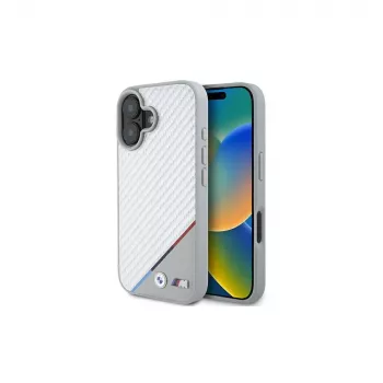BMW M Carbon Tricolor Line pevné puzdro pre iPhone 16 6,1 inch - sivé MagSafe