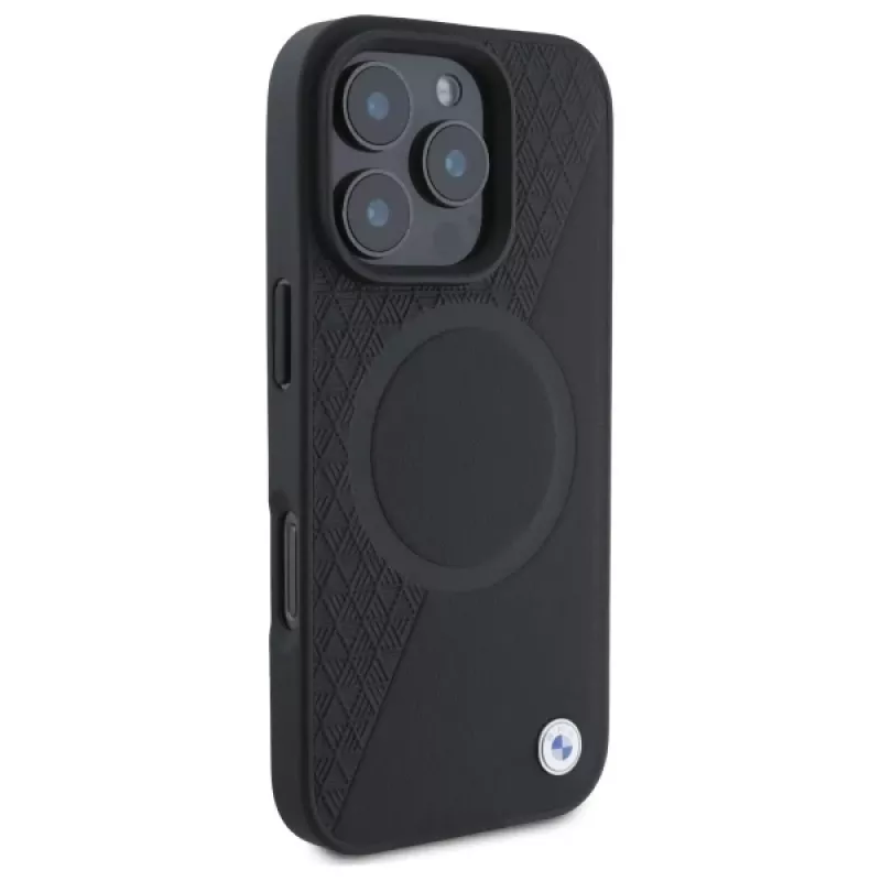 BMW Sign Leather Half Textured pevné puzdro s Circle MagSafe pre Apple iPhone 16 Pro Max 6,9 palca čierne