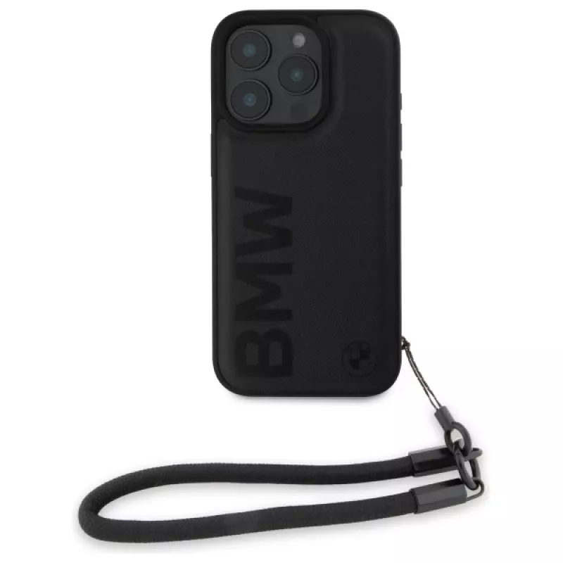 BMW Signature Leather Wordmark Cord pevné puzdro pre Apple iPhone 16 Pro 6,3 palca - čierne