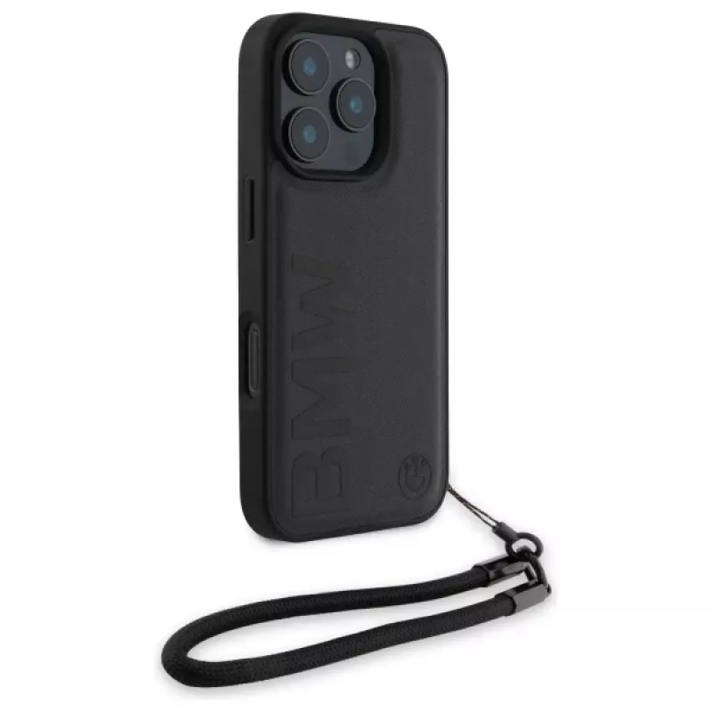 BMW Signature Leather Wordmark Cord pevné puzdro pre Apple iPhone 16 Pro 6,3 palca - čierne