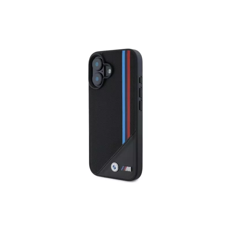 BMW M Meshed Tricolor Stripes MagSafe pevné puzdro pre iPhone 16 6,1 palca čierne