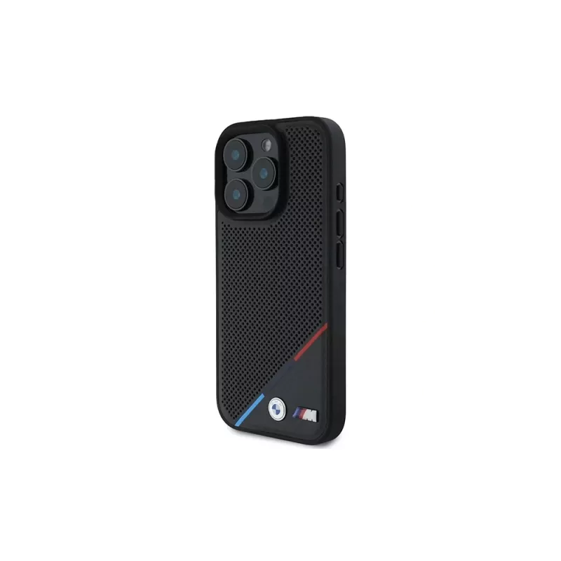 BMW M Perforated Tricolor Line pevné puzdro pre iPhone 16 Pro 6,3 palca - čierne MagSafe